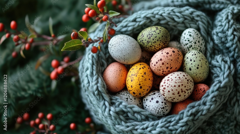 Colorful speckled eggs nestled in a cozy knitted basket surrounded by green foliage Colorful speckled eggs nestled in a cozy knitted basket surrounded by green foliage
