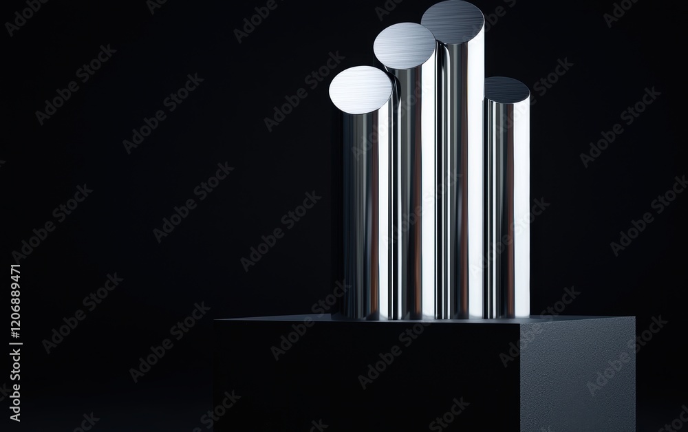 A minimalist arrangement of shiny cylindrical objects on a dark background, creating a striking contrast and a modern aesthetic.
