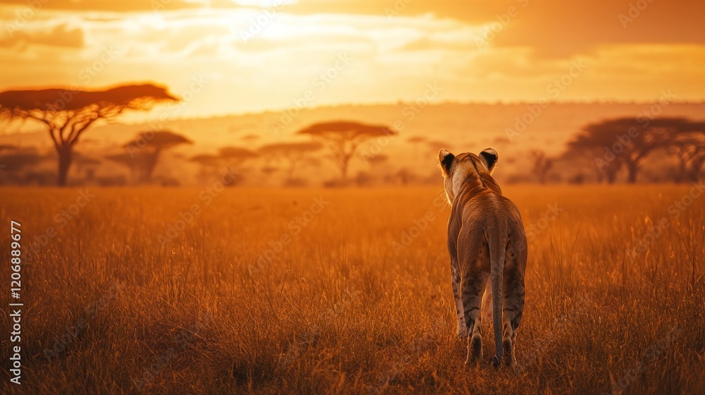 Lioness Walking Towards the Setting Sun Lioness Walking Towards the Setting Sun