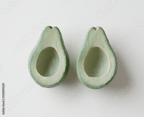 Two halved avocados, showing inside, on white background. photo