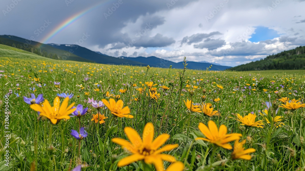 Fototapeta premium Expansive Open Field of Vibrant Wildflowers Under Dramatic Sky with Rainbow in Background