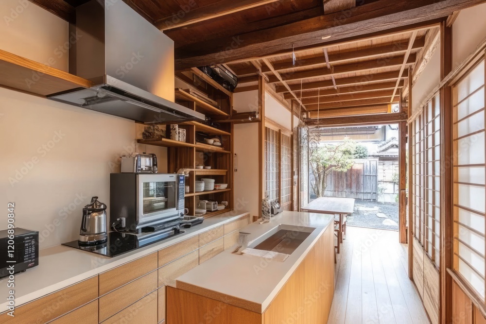 Modern Japanese Kitchen With Wooden Beams And Garden View Modern Japanese Kitchen With Wooden Beams And Garden View