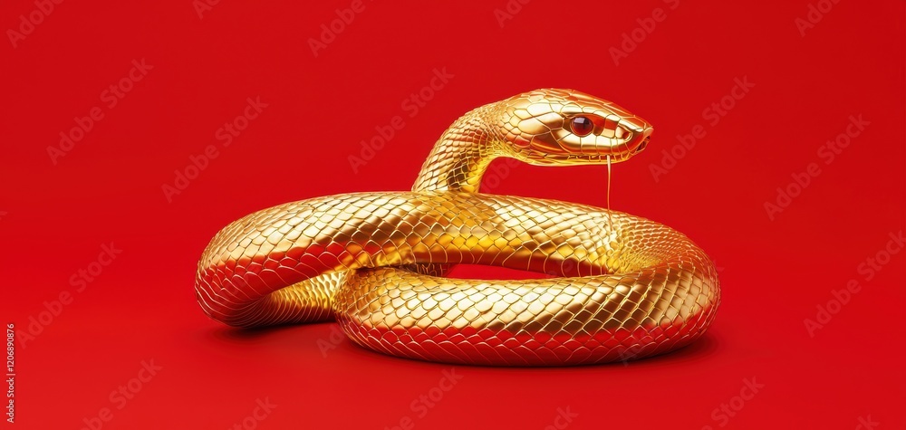 Fototapeta premium Glistening golden snake sculpture creative studio digital art vibrant red background close-up view artistic representation