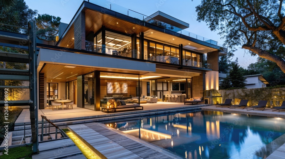 Luxury modern house with pool, evening. Luxury modern house with pool, evening.