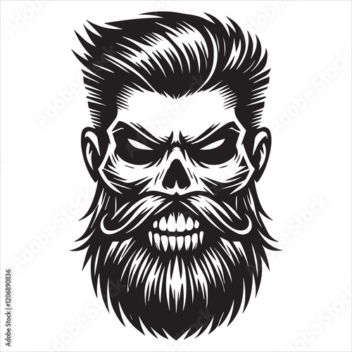 Bearded Skull Vector illustration, Creepy Bearded Skull silhouette Design
