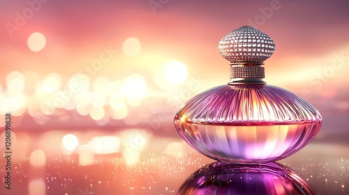 Pink perfume bottle sunset bokeh background advertising © ZRO