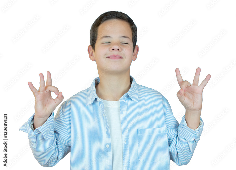 Portrait of peaceful cute little boy holding fingers in yoga gesture and meditating with closed eyes, feeling calm positive and relaxed over transparent background. PNG transparent. Portrait of peaceful cute little boy holding fingers in yoga gesture and meditating with closed eyes, feeling calm positive and relaxed over transparent background. PNG transparent.