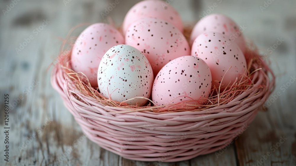 Colorful speckled eggs nestled in a charming pink basket on a rustic wooden table Colorful speckled eggs nestled in a charming pink basket on a rustic wooden table
