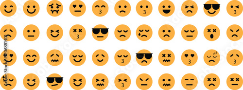 Emoji icons flat set. Vectors collection containing happy emotion, sad, smiling, surprised, angry, relaxed, confused, laughing, excited and shocked emoticons illustration isolated on white background.