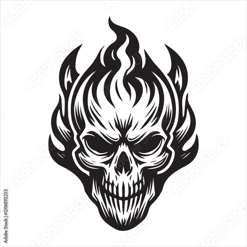 
Flaming Skull Vector illustration, Creepy Flaming Skull silhouette Design
