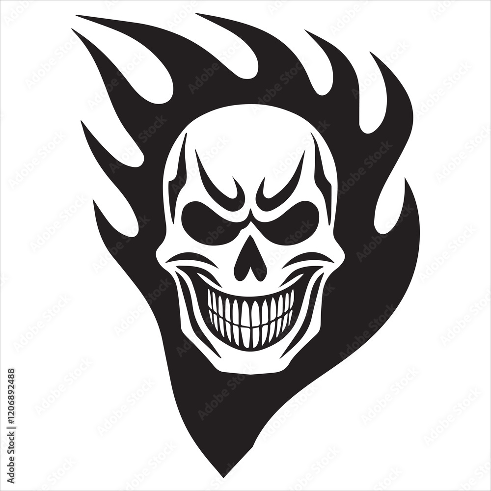 Fototapeta premium Flaming Skull Vector illustration, Creepy Flaming Skull silhouette Design 