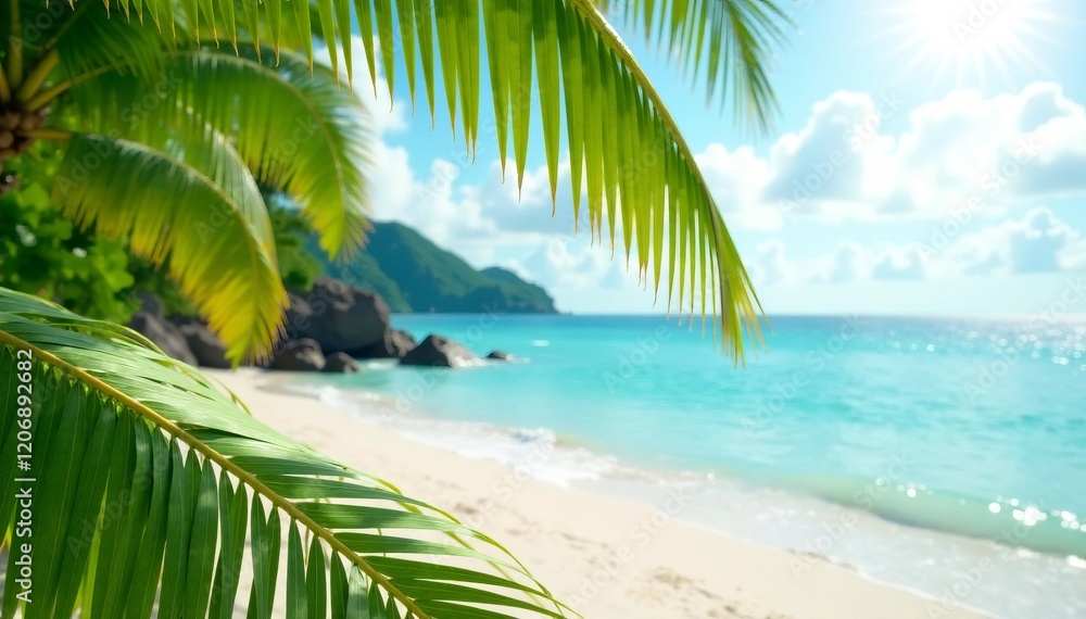 Tropical beach scene with palm trees and clear blue water under a bright sun. Tropical beach scene with palm trees and clear blue water under a bright sun.