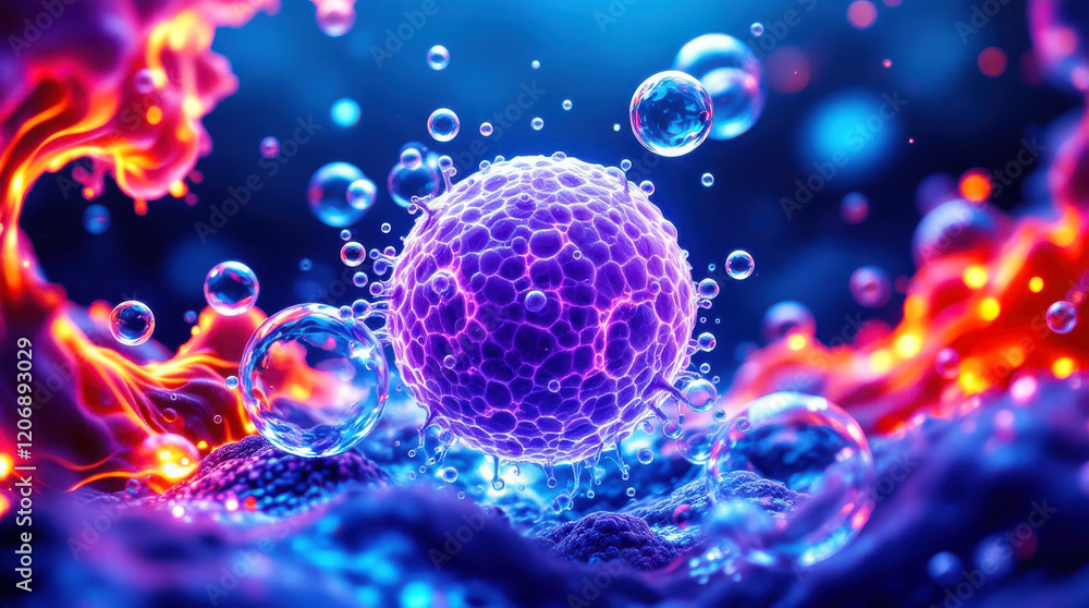 Microscopic Cellular Structure with Vibrant Colors and Dynamic Glowing Patterns Microscopic Cellular Structure with Vibrant Colors and Dynamic Glowing Patterns