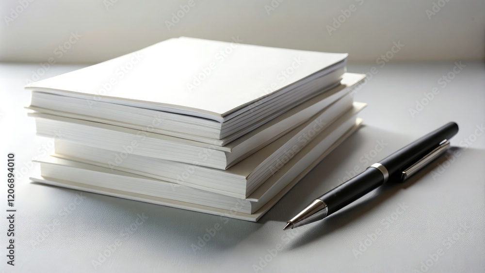 A stack of white books with a few scattered papers and a pen, peaceful study, bookshelf, paper clutter A stack of white books with a few scattered papers and a pen, peaceful study, bookshelf, paper clutter