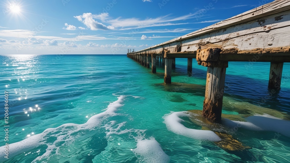 Obraz premium A wooden pier juts out into the sea on a clear summer day.