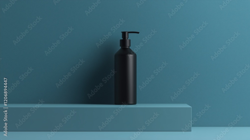 A mockup of an isolated black bottle with a black pump for liquid soap on a blue background A mockup of an isolated black bottle with a black pump for liquid soap on a blue background