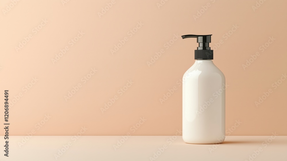 Minimalist mockup of an empty white shampoo bottle with a black pump on a beige background Minimalist mockup of an empty white shampoo bottle with a black pump on a beige background