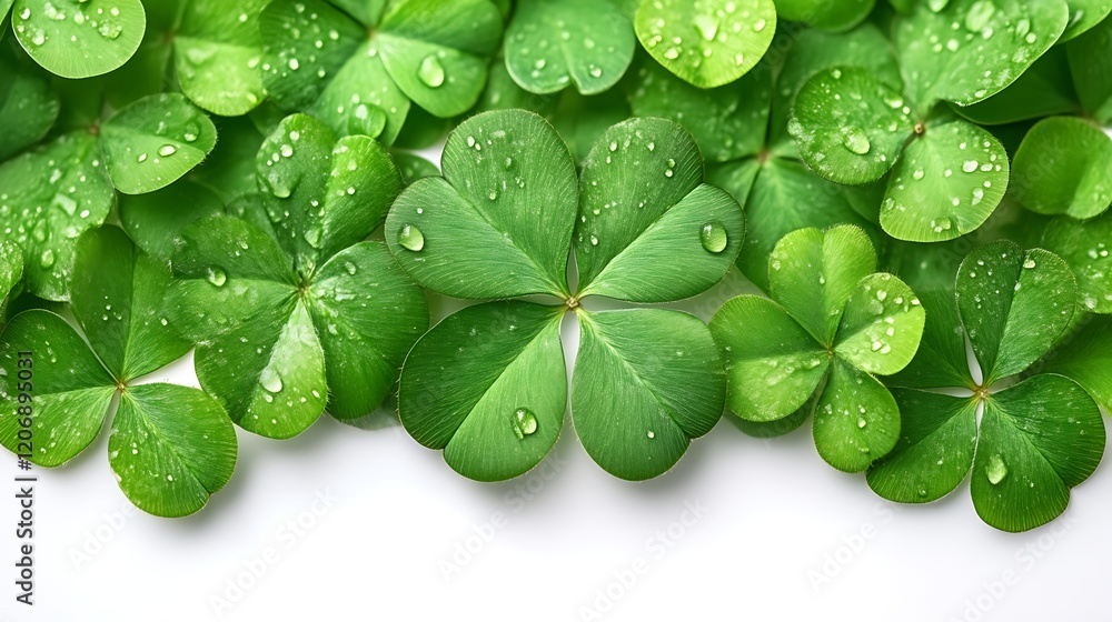 Fototapeta premium Dewdrops adorn vibrant green shamrocks leaves background