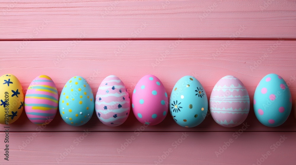 Colorful hand-painted Easter eggs arranged on a pastel pink wooden surface for a festive spring celebration Colorful hand-painted Easter eggs arranged on a pastel pink wooden surface for a festive spring celebration