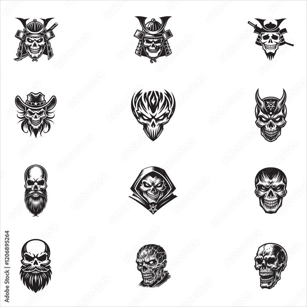 Fototapeta premium Collection of Funny Skull Vector illustration, Creepy Skull silhouette Design 