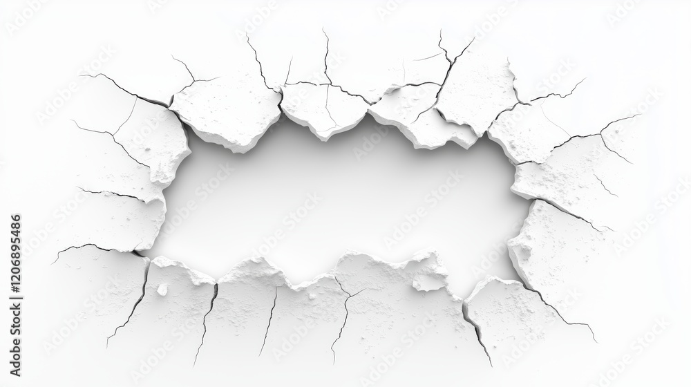 Obraz premium hole in white paper with a cracked wall and dust, isolated on a white background