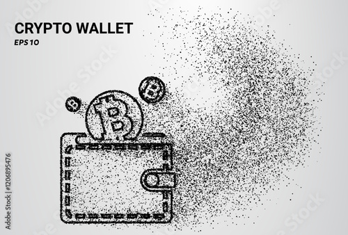 A crypto wallet composed of small circles and dots, with particles swirling around it. Vector illustration.