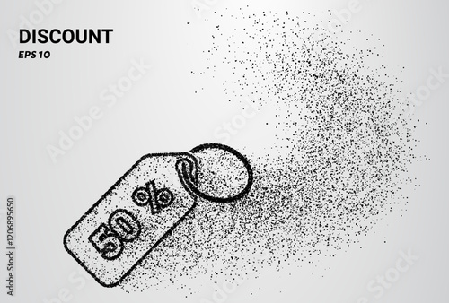 A discount tag composed of small circles and dots, with particles swirling around it. Vector illustration.