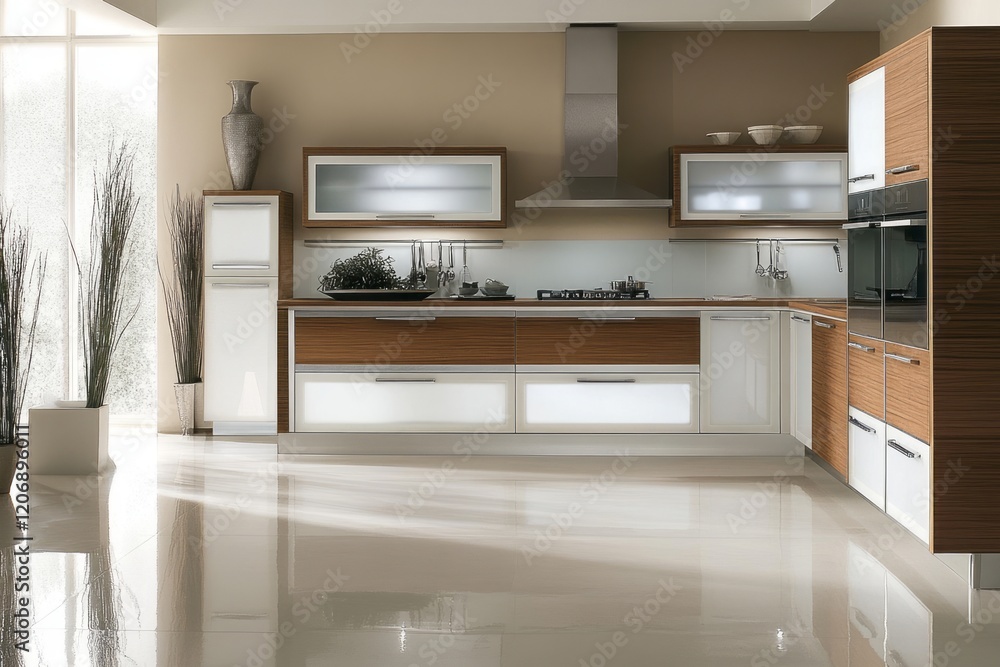 Modern Kitchen Design With Wood Cabinets And White Accents Modern Kitchen Design With Wood Cabinets And White Accents