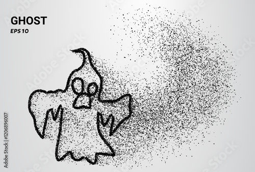 A ghost composed of small circles and dots, with particles swirling around it. Vector illustration.