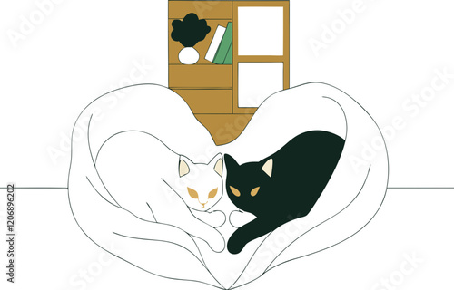 Two Cats Cuddling in a Heart-Shaped Blanket. Happy valentine day