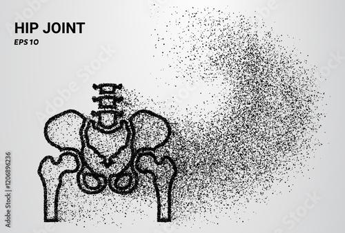 A hip joint composed of small circles and dots, with particles swirling around it. Vector illustration.