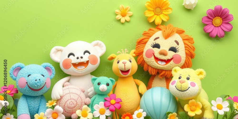 A vibrant green background with adorable, cute objects like plush toys, flowers, and smiling animals, smiling, vibrant A vibrant green background with adorable, cute objects like plush toys, flowers, and smiling animals, smiling, vibrant