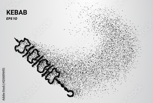 A kebab composed of small circles and dots, with particles swirling around it. Vector illustration.