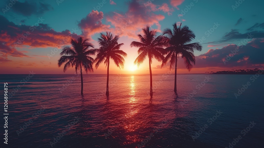 Dark palm trees silhouettes on colorful tropical ocean sunset landscape Dark palm trees silhouettes on colorful tropical ocean sunset landscape