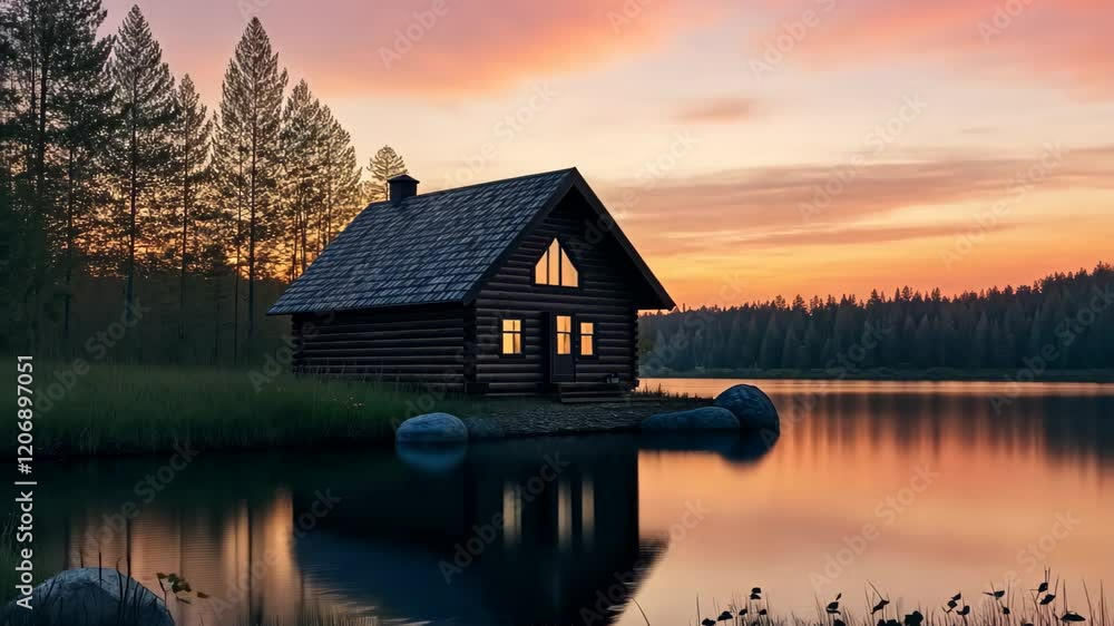 Tranquil cabin by the lake at sunset with colorful sky and peaceful surroundings, Animated cabin by a tranquil lake with a colorful sunset view Scenic background concept Tranquil cabin by the lake at sunset with colorful sky and peaceful surroundings, Animated cabin by a tranquil lake with a colorful sunset view Scenic background concept
