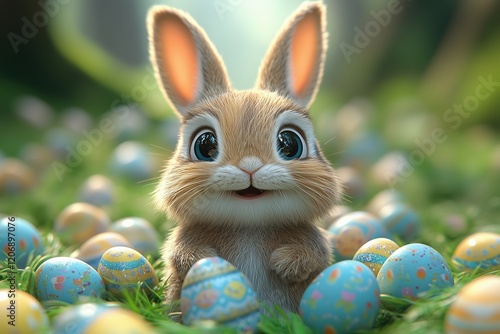 A cheerful 3D cartoon bunny sits happily on a lush green grass field, surrounded by colorful Easter eggs. photo