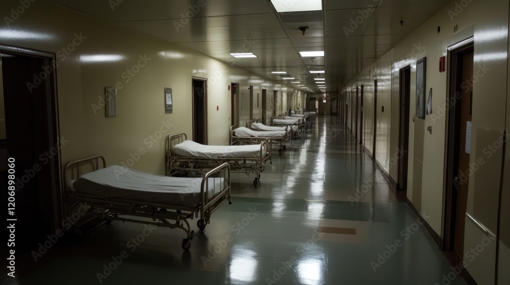 Long, empty hospital corridor with numerous beds and closed doors, a somber image Long, empty hospital corridor with numerous beds and closed doors, a somber image