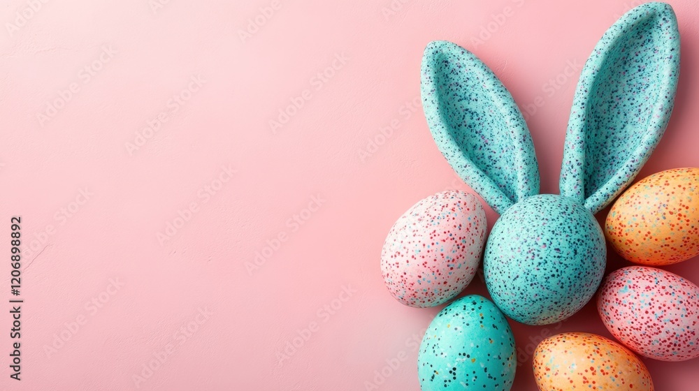 Creative pastel-colored Easter eggs arranged artfully with whimsical bunny ears on a soft pink background celebrating spring festivities Creative pastel-colored Easter eggs arranged artfully with whimsical bunny ears on a soft pink background celebrating spring festivities