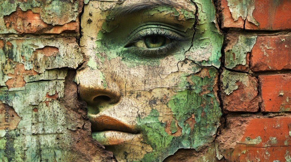 Woman's face emerging from cracked brick wall; urban decay backdrop; art concept Woman's face emerging from cracked brick wall; urban decay backdrop; art concept