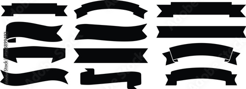 Black banner, ribbon silhouette vector set. Perfect for title, decoration, design. Editable, customizable. Bold shapes, modern to vintage styles. Straight edged, curved, waved design