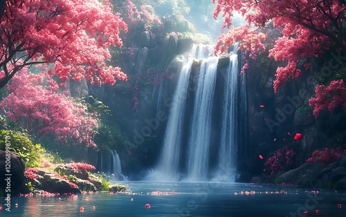 Pink Blossom Waterfall Fantasy Artwork