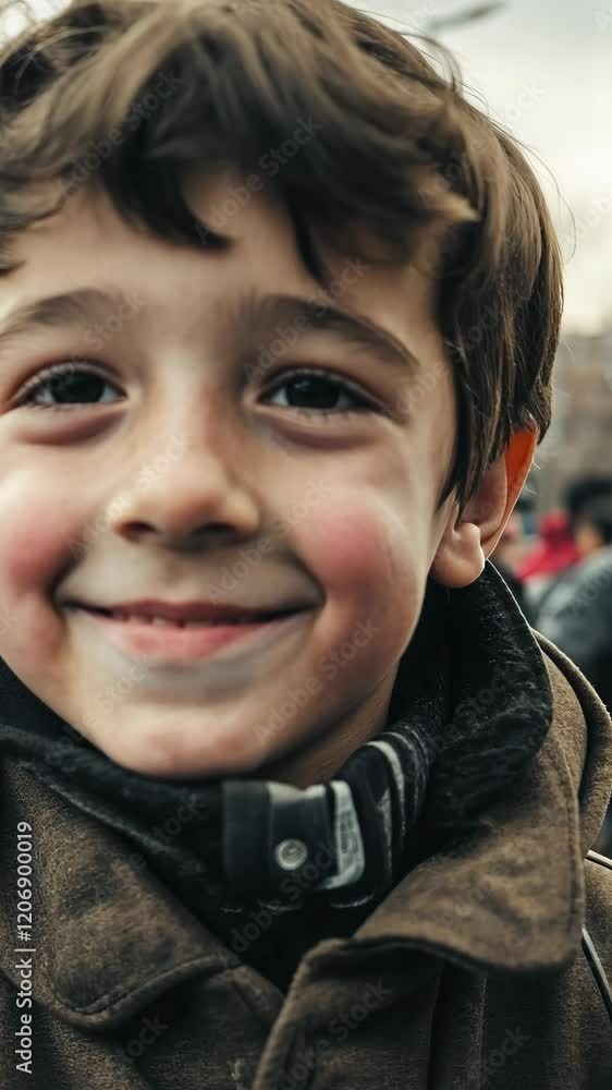 Boy smiles joyfully during outdoor event in autumn, capturing the essence of childhood innocence and happiness Boy smiles joyfully during outdoor event in autumn, capturing the essence of childhood innocence and happiness