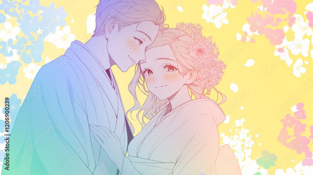 幸せな結婚式を挙げる２人のイラスト