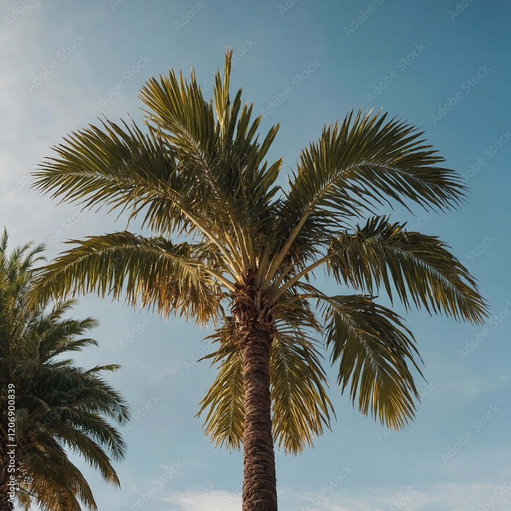 Obraz premium A cabbage palm tree with a full crown of fan-shaped leaves, on a clear white background.