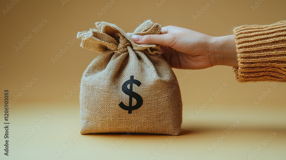 Hand passing empty money bag with dollar sign to another person, minimal concept on yellow background, high-resolution stock photo with professional color grading and soft shadows. Hand passing empty money bag with dollar sign to another person, minimal concept on yellow background, high-resolution stock photo with professional color grading and soft shadows.