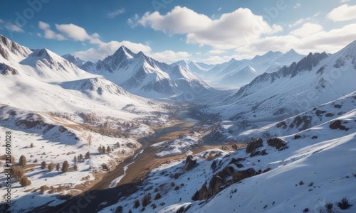 Wallpaper Mural Aerial view of a snowy valley with snow-capped mountains in the background , aerial photography, mountain ranges Torontodigital.ca