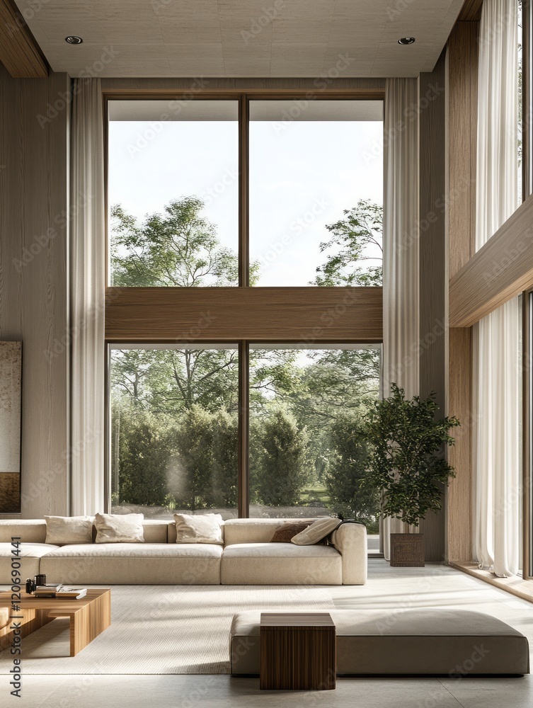 Fototapeta premium Modern minimalist living room with large windows and natural light