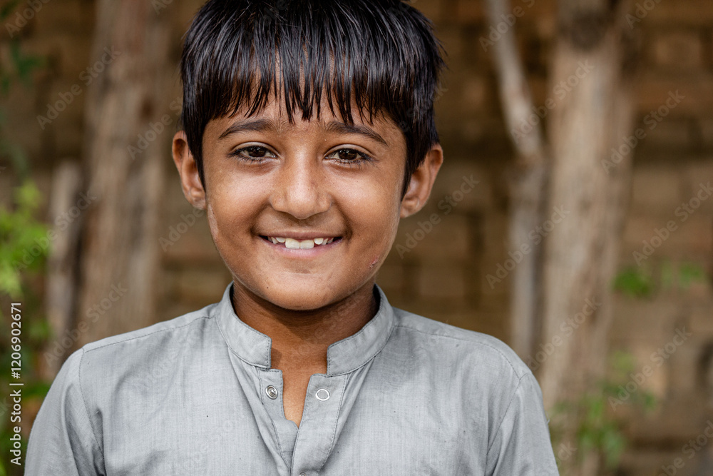 Smiling young boy with short black hair, wearing a traditional gray shirt, standing outdoors against a rustic background with trees and a brick wall.
Smiling young boy with short black hair, wearing a traditional gray shirt, standing outdoors against a rustic background with trees and a brick wall.