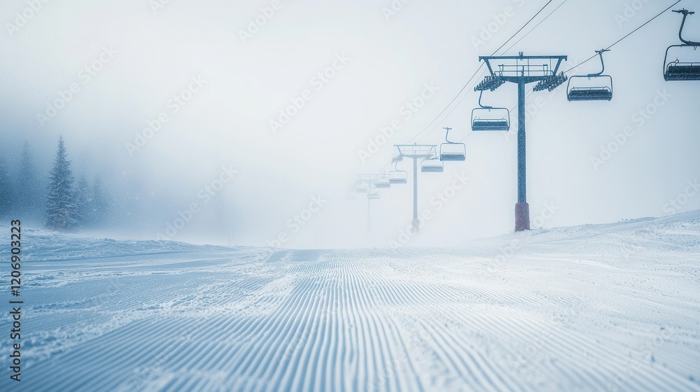 Obraz premium Misty Mountain Ski Lift: A Serene Winter Escape
