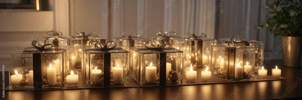 A stunning arrangement of large glass gift boxes filled with candles or fairy lights, placed on a decorative table or shelf, beautiful displays, sophisticated gifts A stunning arrangement of large glass gift boxes filled with candles or fairy lights, placed on a decorative table or shelf, beautiful displays, sophisticated gifts